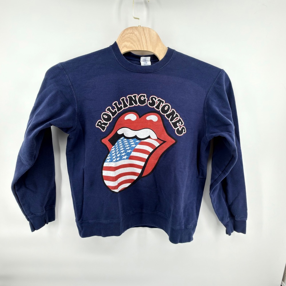 Rolling Stones Sweatshirt Large Navy Blue American Flag Tongue Crewneck Pullover